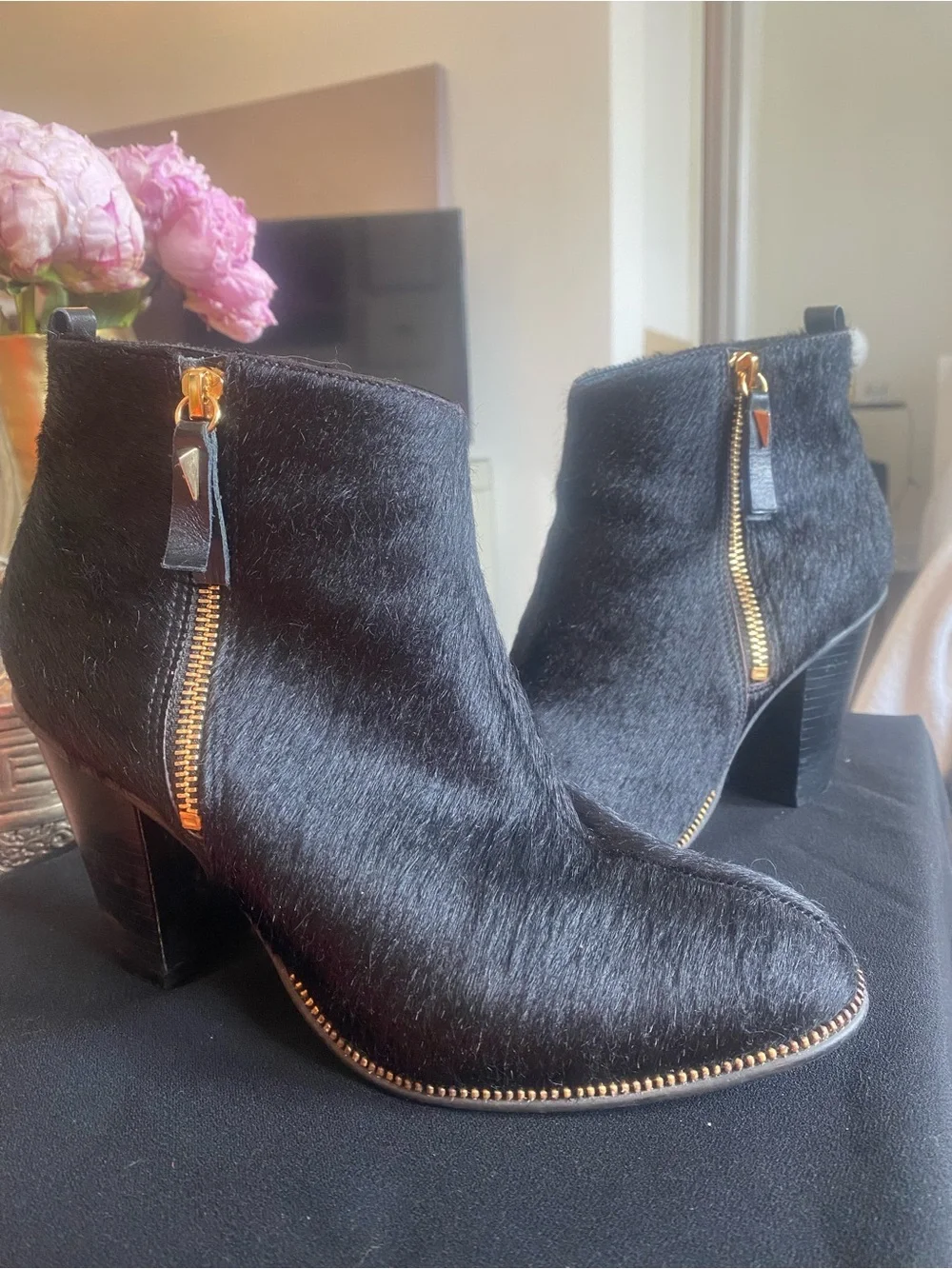 Women's Black Calfhair Ankle Boots with Gold Zipper